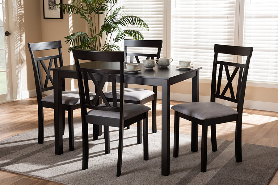 baxton studio rosie modern and contemporary espresso brown finished and grey fabric upholstered 5 piece dining set | Modish Furniture Store-3