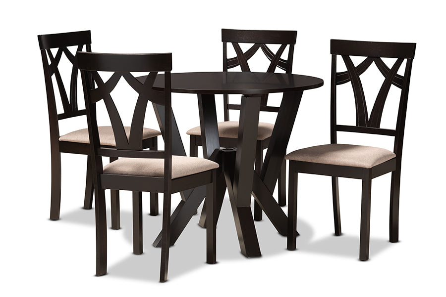 baxton studio reagan modern and contemporary sand fabric upholstered and dark brown finished wood 5 piece dining set | Modish Furniture Store-2