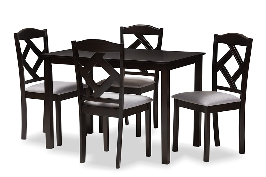 baxton studio ruth modern and contemporary espresso brown finished and grey fabric upholstered 5 piece dining set | Modish Furniture Store-2