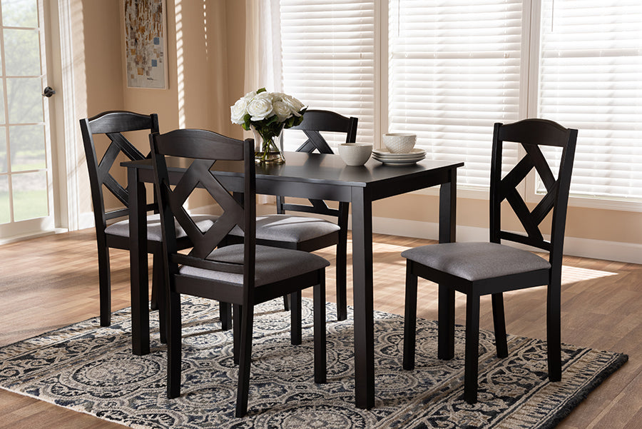 baxton studio ruth modern and contemporary espresso brown finished and grey fabric upholstered 5 piece dining set | Modish Furniture Store-3