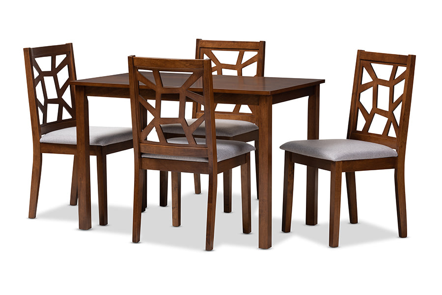 baxton studio abilene mid century walnut finished and grey fabric upholstered 5 piece dining set | Modish Furniture Store-2
