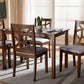 Baxton Studio Abilene Mid-Century Walnut Finished and Grey Fabric Upholstered 5-Piece Dining Set | Modishstore | Dining Sets