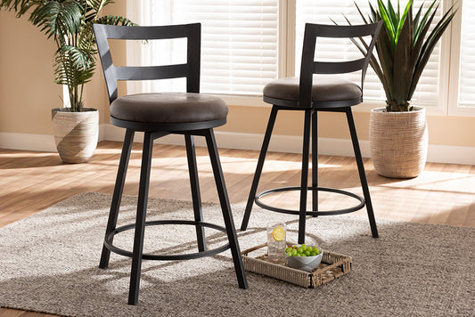 Baxton Studio Arjean Rustic and Industrial Grey Fabric Upholstered Counter Stool Set of 2 | Modishstore | Stools