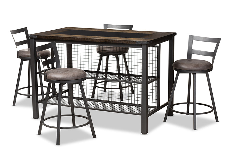 baxton studio arjean rustic and industrial grey fabric upholstered 5 piece pub set | Modish Furniture Store-2
