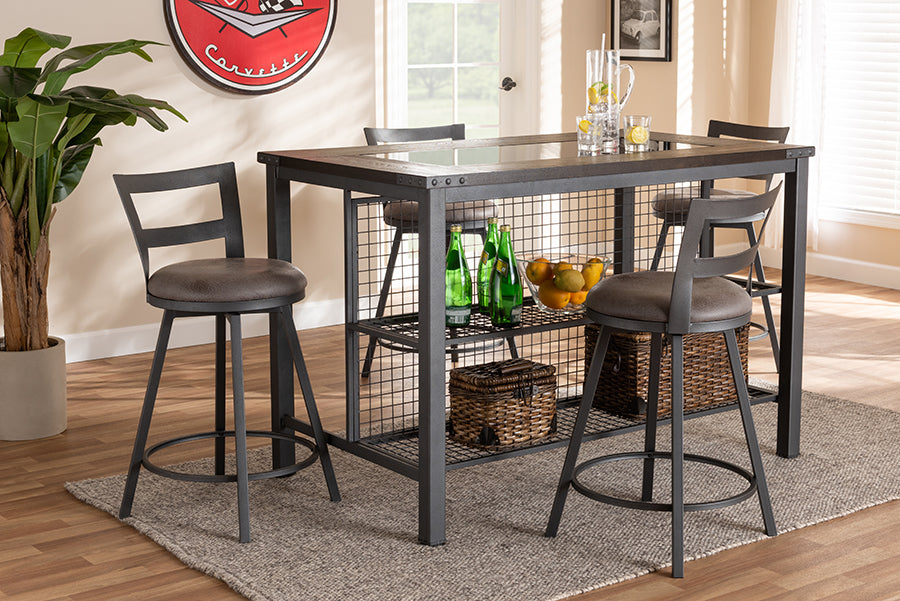 Baxton Studio Arjean Rustic and Industrial Grey Fabric Upholstered 5-Piece Pub Set | Modishstore | Dining Sets