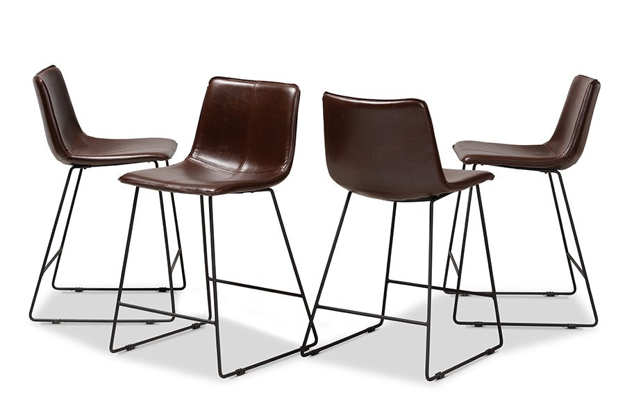 Baxton Studio Carvell Rustic and Industrial Dark Brown Faux Leather Upholstered Counter Stool Set of 4 | Modishstore | Counter Stools-3