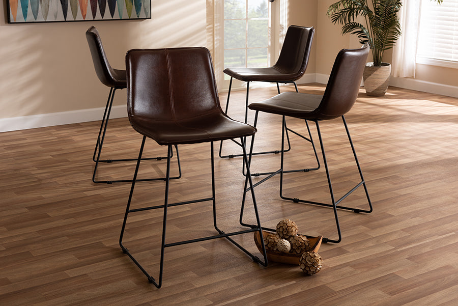 Baxton Studio Carvell Rustic and Industrial Dark Brown Faux Leather Upholstered Counter Stool Set of 4 | Modishstore | Counter Stools