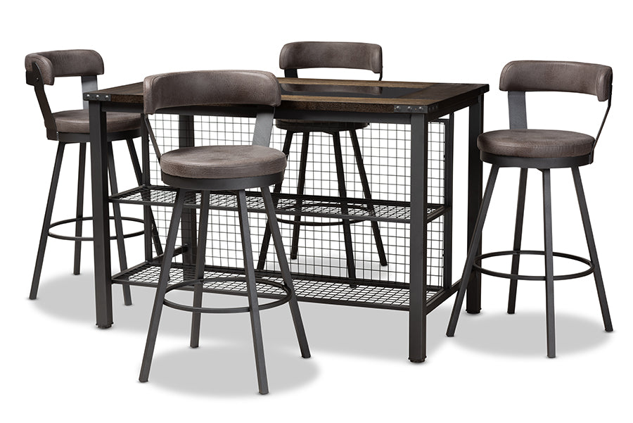 baxton studio arcene rustic and industrial antique grey fabric upholstered 5 piece pub set | Modish Furniture Store-2