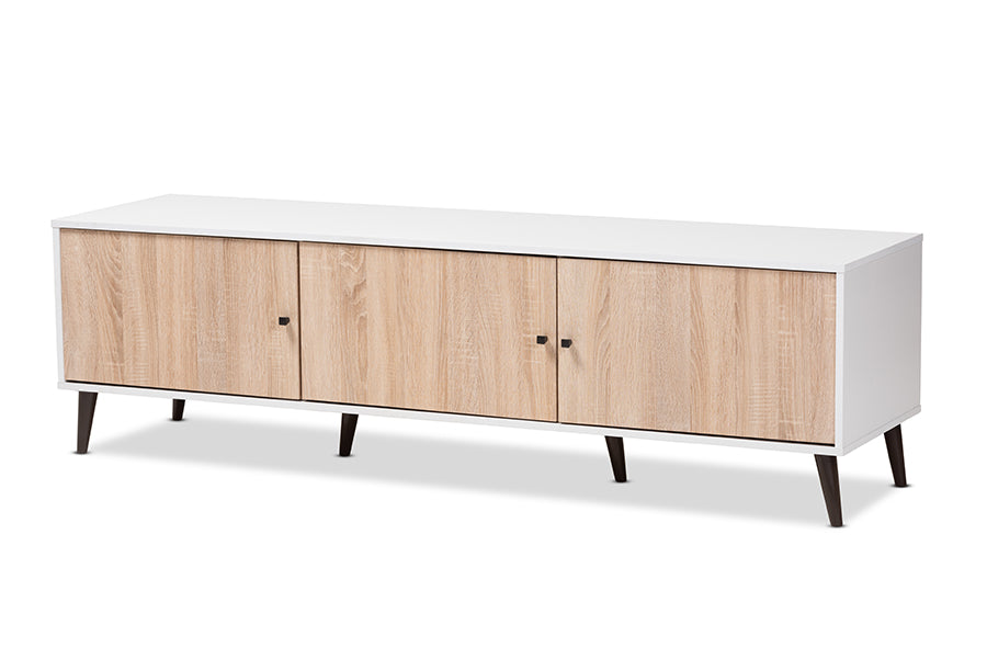 baxton studio bastien mid century modern white and light oak 6 shelf tv stand | Modish Furniture Store-2