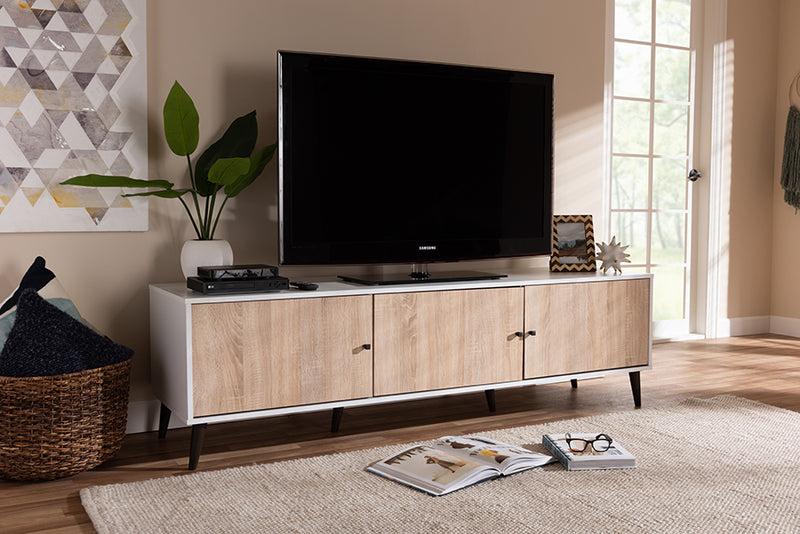 Baxton Studio Bastien Mid-Century Modern White and Light Oak 6-Shelf TV Stand | Modishstore | TV Stands