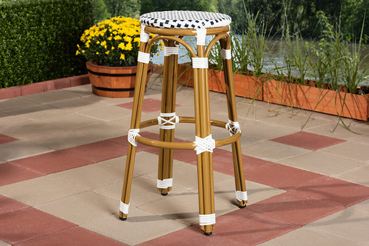Baxton Studio Joelle Classic French Indoor and Outdoor Navy and White Bamboo Style Stackable Bistro Bar Stool | Modishstore | Bar Stools