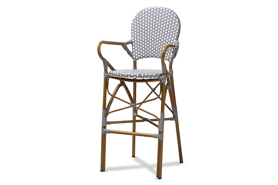 baxton studio marguerite classic french indoor and outdoor grey and white bamboo style bistro stackable bar stool | Modish Furniture Store-2