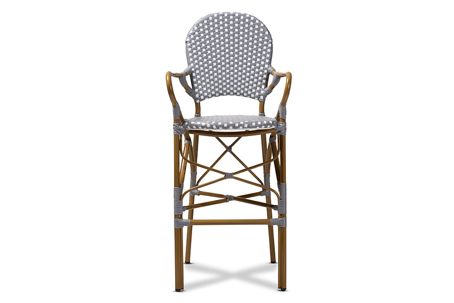 baxton studio marguerite classic french indoor and outdoor grey and white bamboo style bistro stackable bar stool | Modish Furniture Store-3