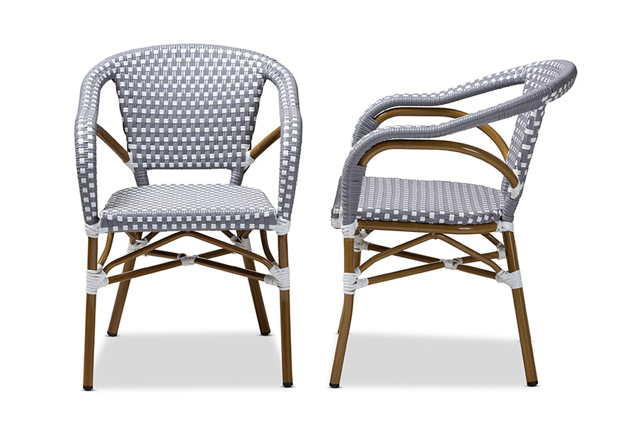 Baxton Studio Eliane Classic French Indoor and Outdoor Grey and White Bamboo Style Stackable Bistro Dining Chair Set of 2 | Modishstore | Dining Chairs - 2