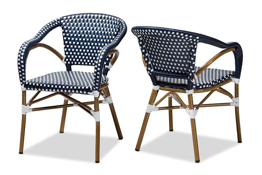 Baxton Studio Eliane Classic French Indoor and Outdoor Navy and White Bamboo Style Stackable Bistro Dining Chair Set of 2 | Modishstore | Dining Chairs - 4