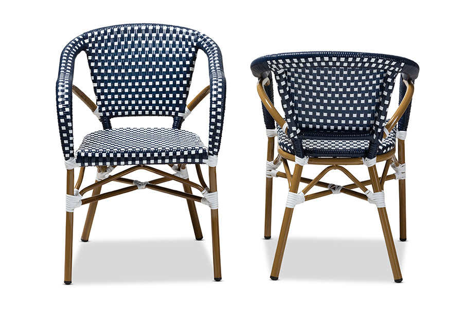 Baxton Studio Eliane Classic French Indoor and Outdoor Navy and White Bamboo Style Stackable Bistro Dining Chair Set of 2 | Modishstore | Dining Chairs - 3
