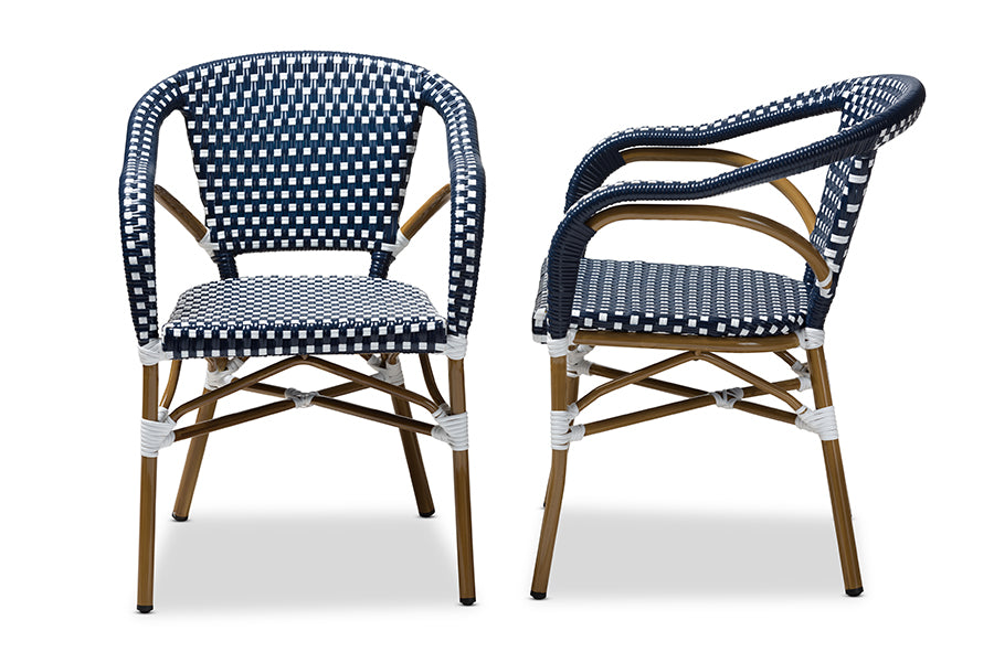 Baxton Studio Eliane Classic French Indoor and Outdoor Navy and White Bamboo Style Stackable Bistro Dining Chair Set of 2 | Dining Chairs | Modishstore