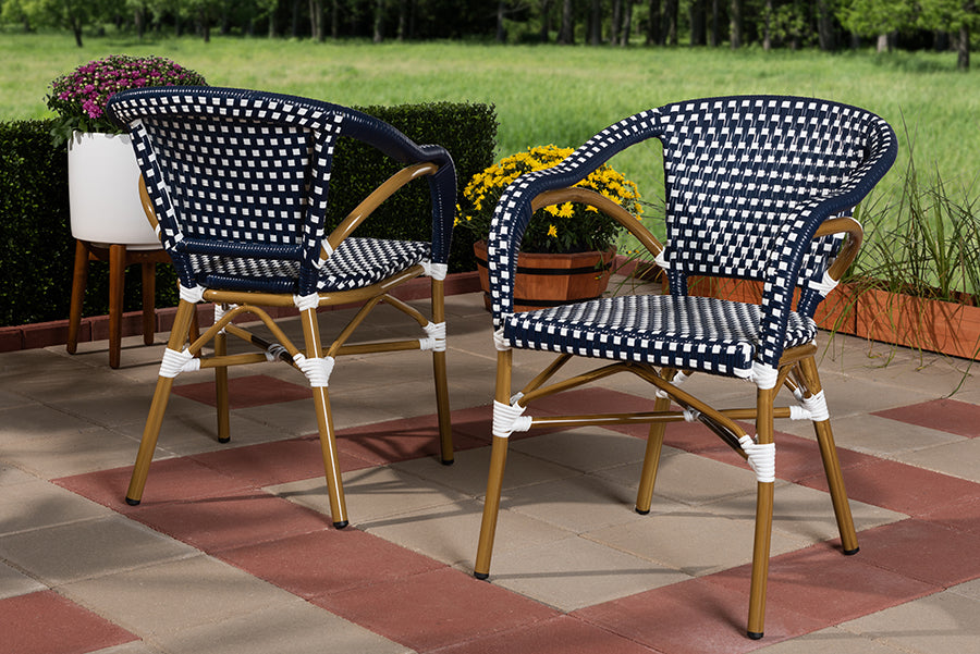 Baxton Studio Eliane Classic French Indoor and Outdoor Navy and White Bamboo Style Stackable Bistro Dining Chair Set of 2 | Modishstore | Dining Chairs
