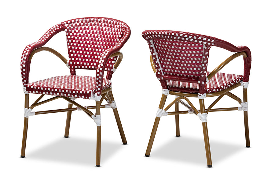 Baxton Studio Eliane Classic French Indoor and Outdoor Red and White Bamboo Style Stackable Bistro Dining Chair Set of 2 | Modishstore | Dining Chairs - 4