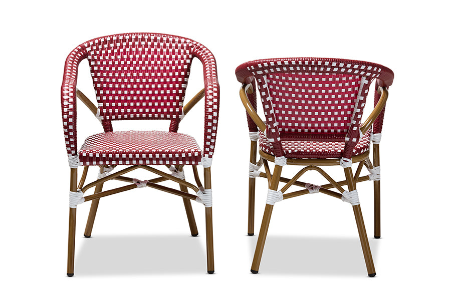 Baxton Studio Eliane Classic French Indoor and Outdoor Red and White Bamboo Style Stackable Bistro Dining Chair Set of 2 | Dining Chairs | Modishstore