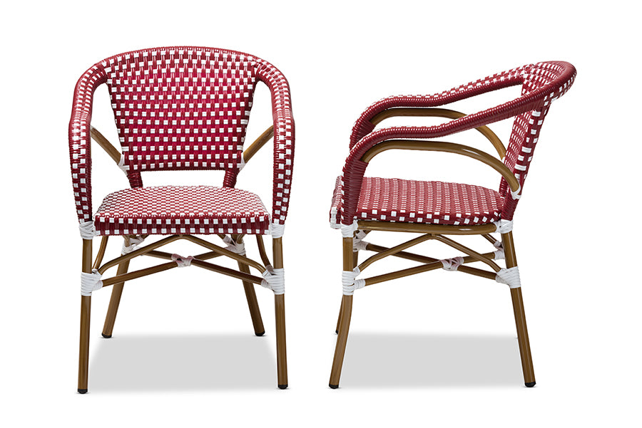 Baxton Studio Eliane Classic French Indoor and Outdoor Red and White Bamboo Style Stackable Bistro Dining Chair Set of 2 | Modishstore | Dining Chairs - 3