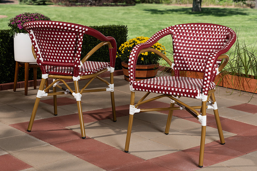 Baxton Studio Eliane Classic French Indoor and Outdoor Red and White Bamboo Style Stackable Bistro Dining Chair Set of 2 | Modishstore | Dining Chairs