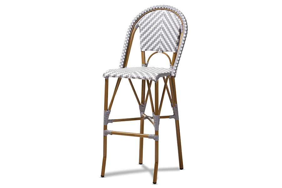 baxton studio ilene classic french indoor and outdoor grey and white bamboo style stackable bistro bar stool | Modish Furniture Store-2