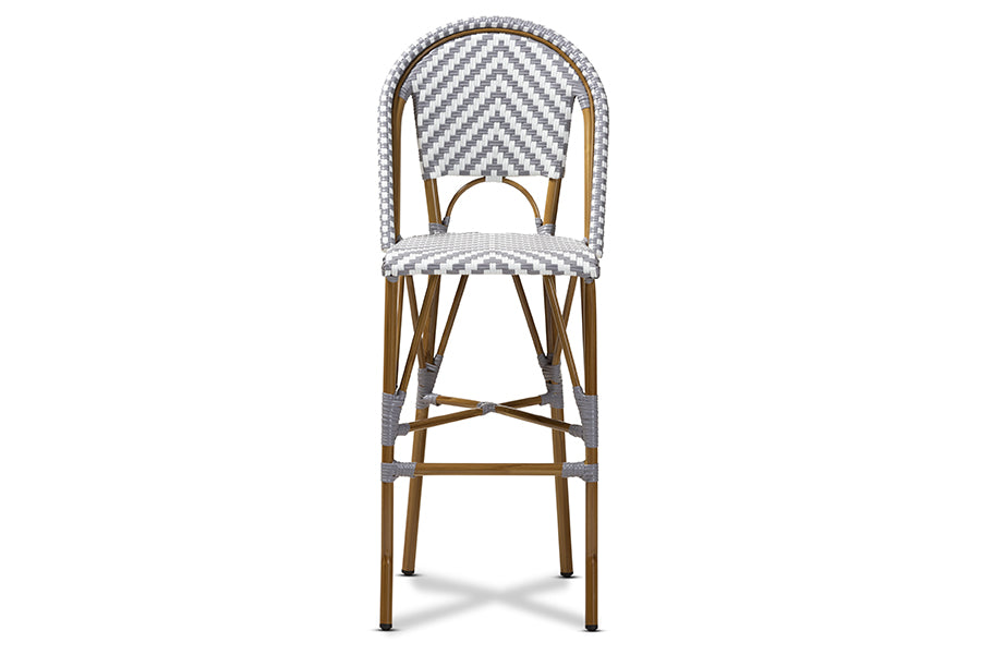 baxton studio ilene classic french indoor and outdoor grey and white bamboo style stackable bistro bar stool | Modish Furniture Store-3