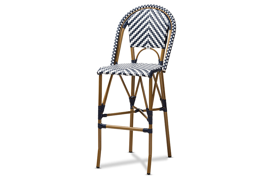 baxton studio ilene classic french indoor and outdoor white and blue bamboo style stackable bistro bar stool | Modish Furniture Store-2