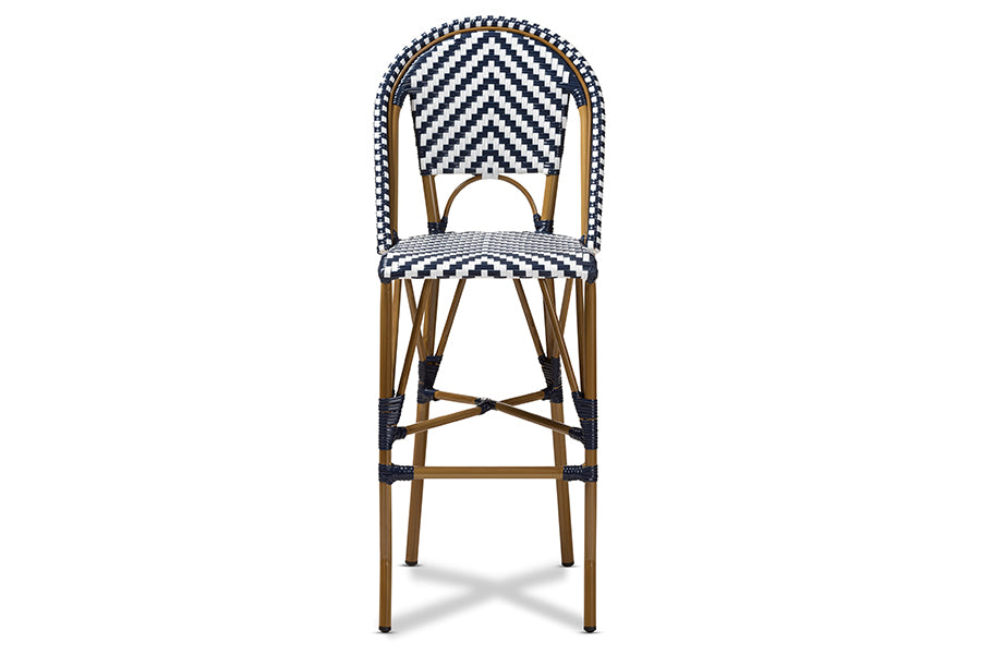 baxton studio ilene classic french indoor and outdoor white and blue bamboo style stackable bistro bar stool | Modish Furniture Store-3