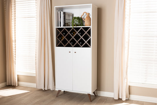 Baxton Studio Serafino Mid-Century Modern White and Walnut Finished Wood Wine Cabinet | Modishstore | Cabinets