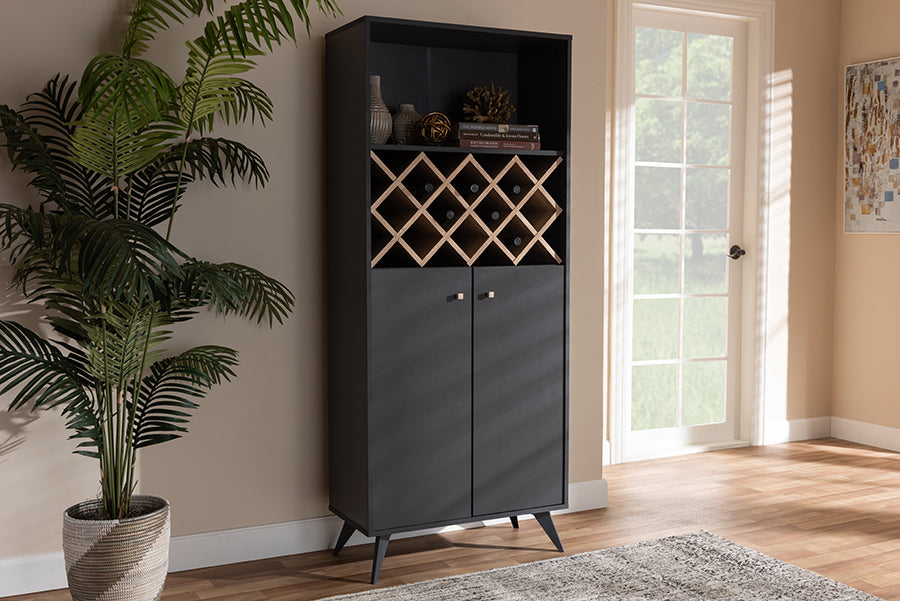 Baxton Studio Serafino Mid-Century Modern Dark Grey and Oak Finished Wood Wine Cabinet | Modishstore | Cabinets