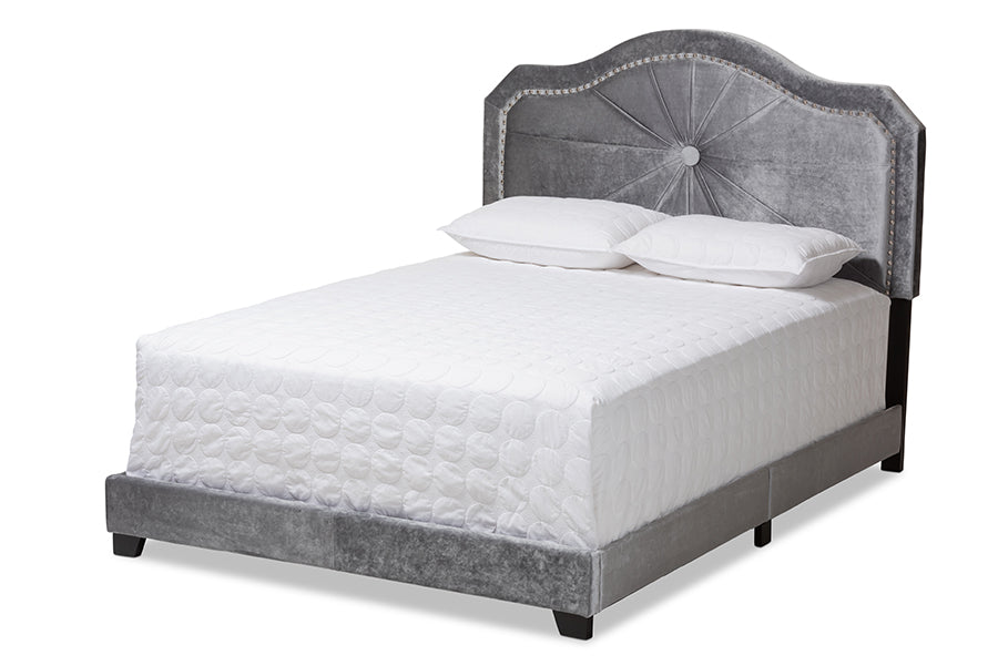 baxton studio embla modern and contemporary grey velvet fabric upholstered full size bed | Modish Furniture Store-2