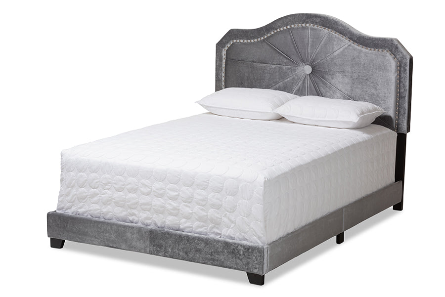 baxton studio embla modern and contemporary grey velvet fabric upholstered queen size bed | Modish Furniture Store-2
