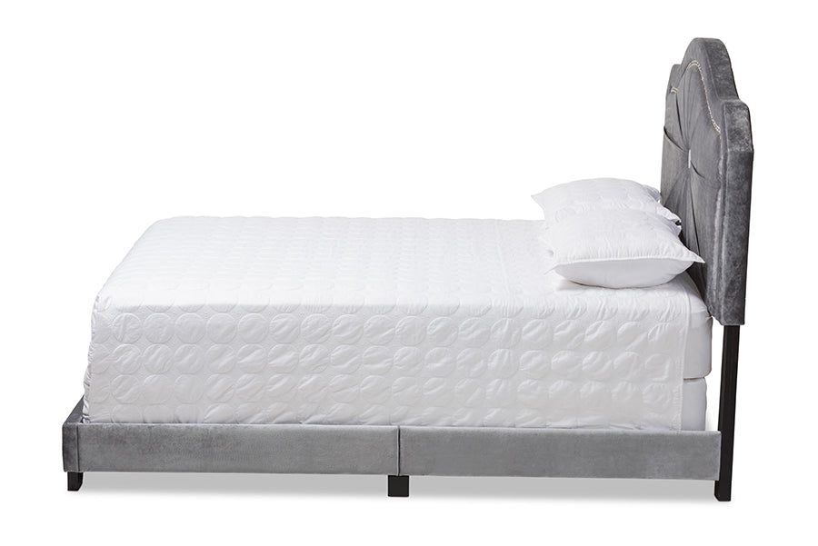 baxton studio embla modern and contemporary grey velvet fabric upholstered full size bed | Modish Furniture Store-3