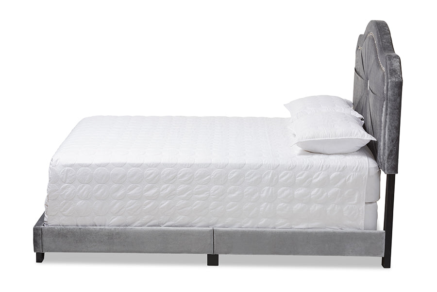baxton studio embla modern and contemporary grey velvet fabric upholstered queen size bed | Modish Furniture Store-3