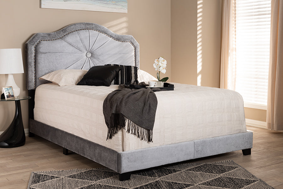 Baxton Studio Embla Modern and Contemporary Grey Velvet Fabric Upholstered Full Size Bed | Modishstore | Beds