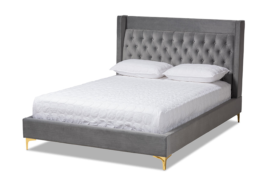 baxton studio valery modern and contemporary dark gray velvet fabric upholstered queen size platform bed with gold finished legs | Modish Furniture Store-2