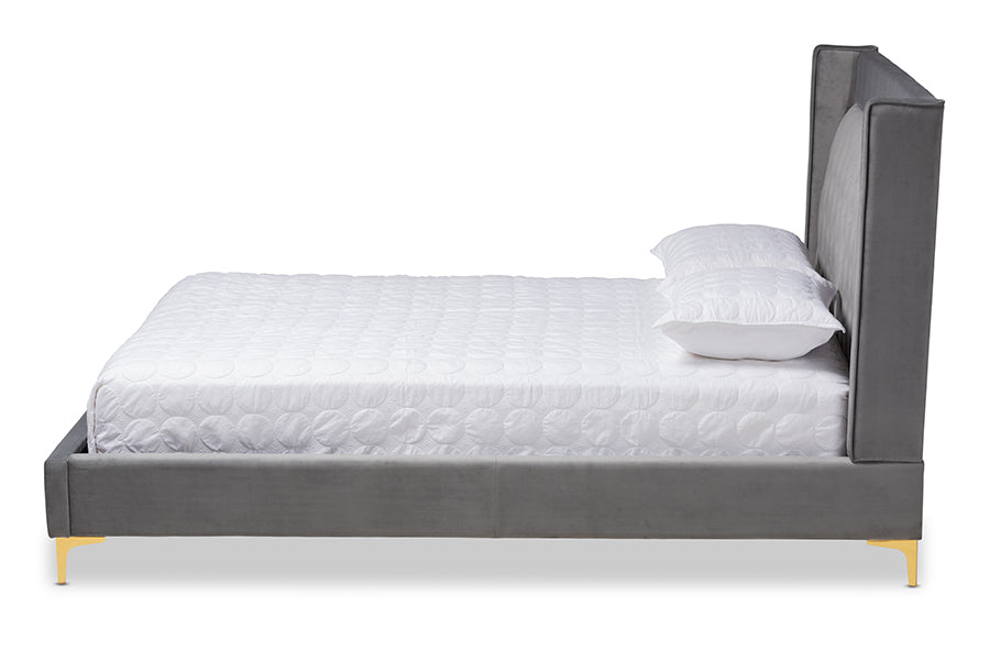 baxton studio valery modern and contemporary dark gray velvet fabric upholstered king size platform bed with gold finished legs | Modish Furniture Store-3