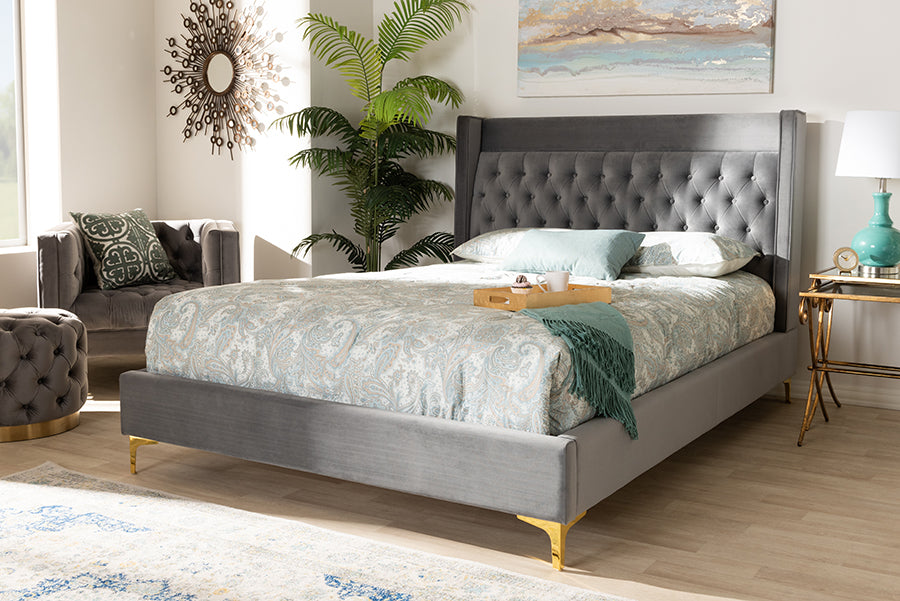 Baxton Studio Valery Modern and Contemporary Dark Gray Velvet Fabric Upholstered Queen Size Platform Bed with Gold-Finished Legs | Modishstore | Beds