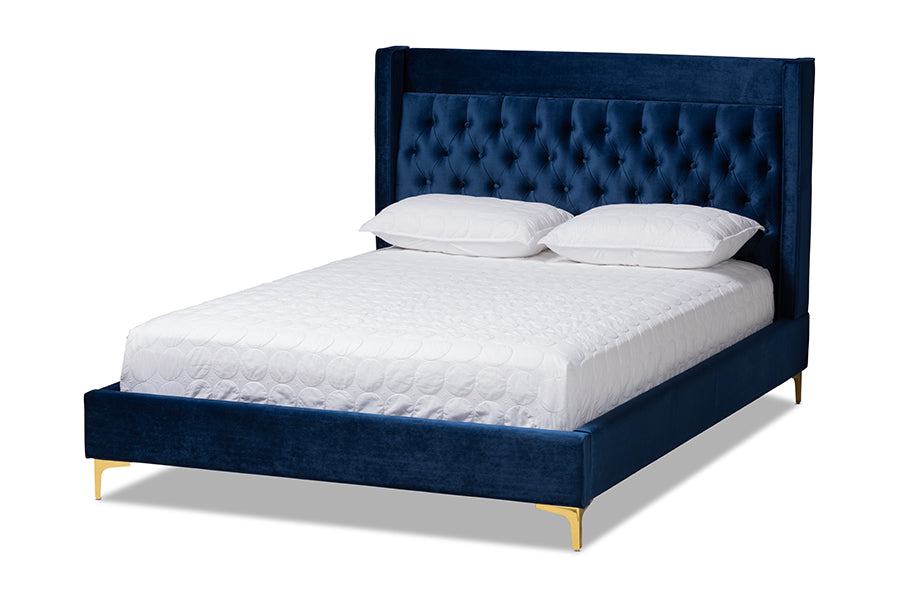 baxton studio valery modern and contemporary navy blue velvet fabric upholstered king size platform bed with gold finished legs | Modish Furniture Store-2