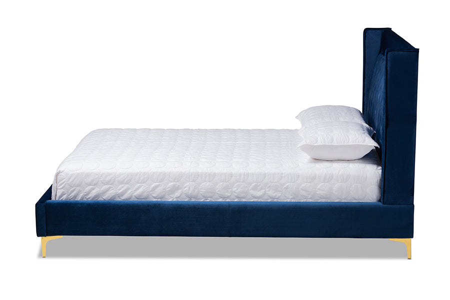 baxton studio valery modern and contemporary navy blue velvet fabric upholstered queen size platform bed with gold finished legs | Modish Furniture Store-3