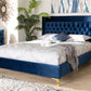 Baxton Studio Valery Modern and Contemporary Navy Blue Velvet Fabric Upholstered Queen Size Platform Bed with Gold-Finished Legs | Modishstore | Beds