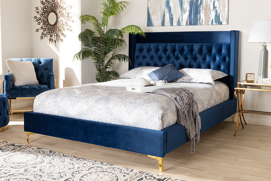 Baxton Studio Valery Modern and Contemporary Navy Blue Velvet Fabric Upholstered Queen Size Platform Bed with Gold-Finished Legs | Modishstore | Beds