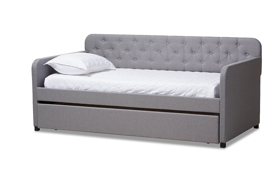 baxton studio camelia modern and contemporary grey fabric upholstered button tufted twin size sofa daybed with roll out trundle guest bed | Modish Furniture Store-2