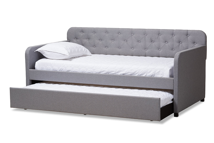 baxton studio camelia modern and contemporary grey fabric upholstered button tufted twin size sofa daybed with roll out trundle guest bed | Modish Furniture Store-3