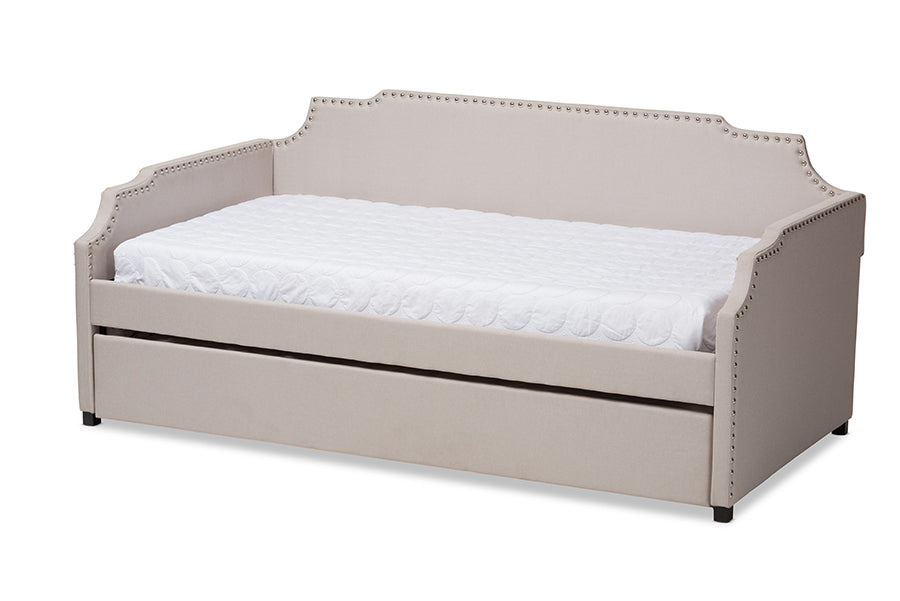 baxton studio ally modern and contemporary beige fabric upholstered twin size sofa daybed with roll out trundle guest bed | Modish Furniture Store-2