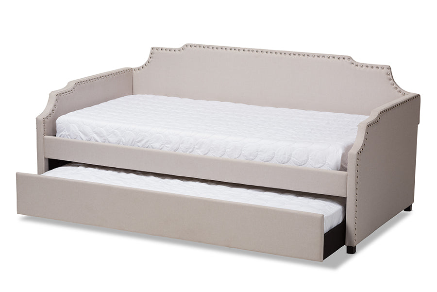 baxton studio ally modern and contemporary beige fabric upholstered twin size sofa daybed with roll out trundle guest bed | Modish Furniture Store-3