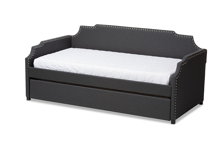 baxton studio ally modern and contemporary charcoal fabric upholstered twin size sofa daybed with roll out trundle guest bed | Modish Furniture Store-2
