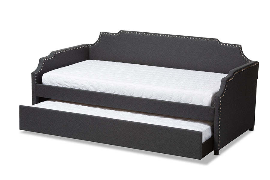 baxton studio ally modern and contemporary charcoal fabric upholstered twin size sofa daybed with roll out trundle guest bed | Modish Furniture Store-3